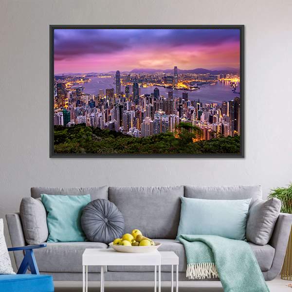 Hong Kong City At Night Canvas Wall Art-3 Horizontal-Gallery Wrap-25" x 16"-Tiaracle