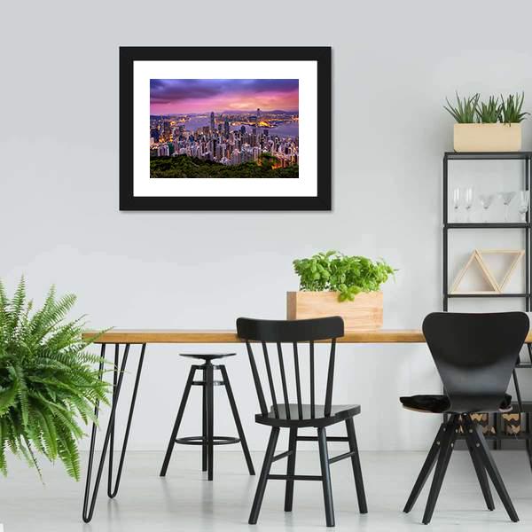 Hong Kong City At Night Canvas Wall Art-3 Horizontal-Gallery Wrap-25" x 16"-Tiaracle