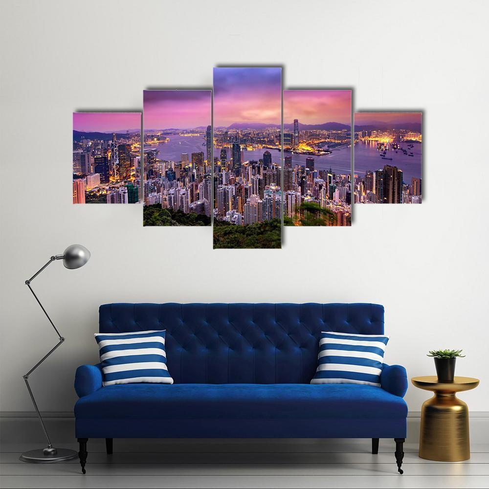 Hong Kong City At Night Canvas Wall Art-5 Star-Gallery Wrap-62" x 32"-Tiaracle