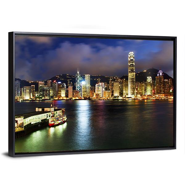 Hong Kong Harbor At Night Canvas Wall Art-3 Horizontal-Gallery Wrap-25" x 16"-Tiaracle
