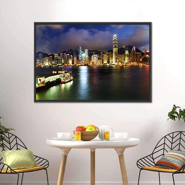 Hong Kong Harbor At Night Canvas Wall Art-3 Horizontal-Gallery Wrap-25" x 16"-Tiaracle