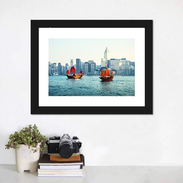 Hong Kong Harbor Canvas Wall Art-1 Piece-Framed Print-42" x 14"-Tiaracle
