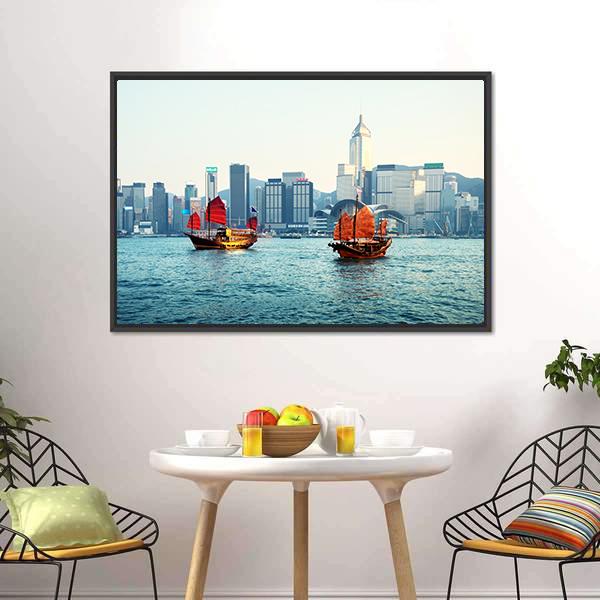 Hong Kong Harbor Canvas Wall Art-5 Horizontal-Gallery Wrap-22" x 12"-Tiaracle