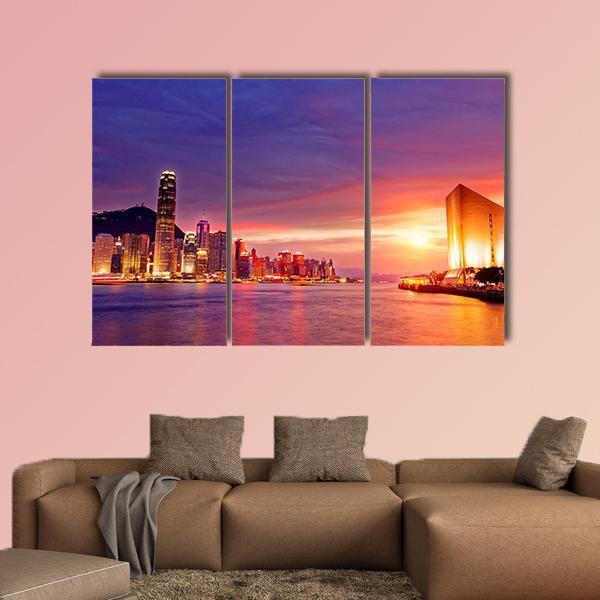 Hong Kong Cityscape At Sunset Canvas Wall Art-3 Horizontal-Gallery Wrap-37" x 24"-Tiaracle