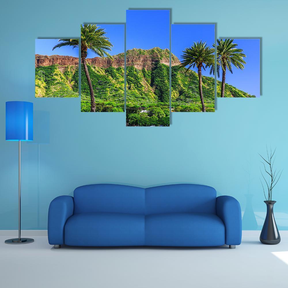 Honolulu Diamond Head Crater And Palm Trees Canvas Wall Art-5 Star-Gallery Wrap-62" x 32"-Tiaracle