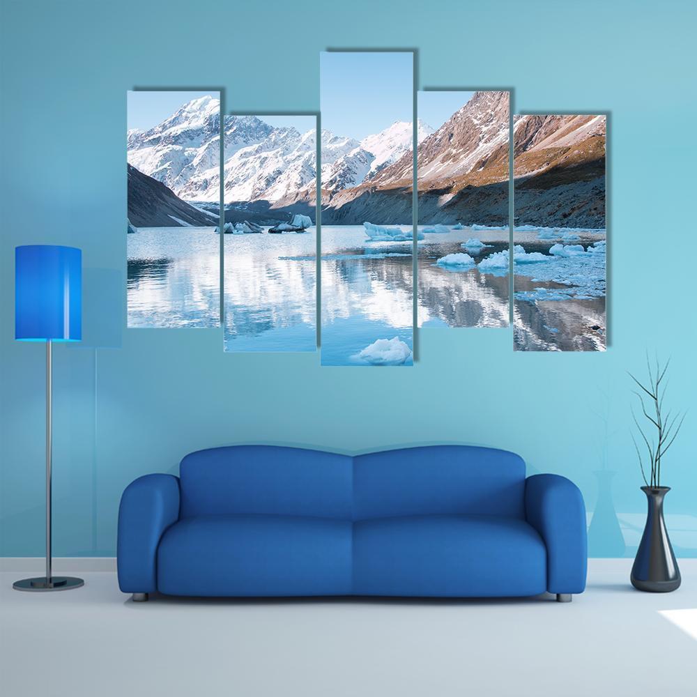 Hooker Glacier & Hooker Lake Canvas Wall Art-5 Pop-Gallery Wrap-47" x 32"-Tiaracle