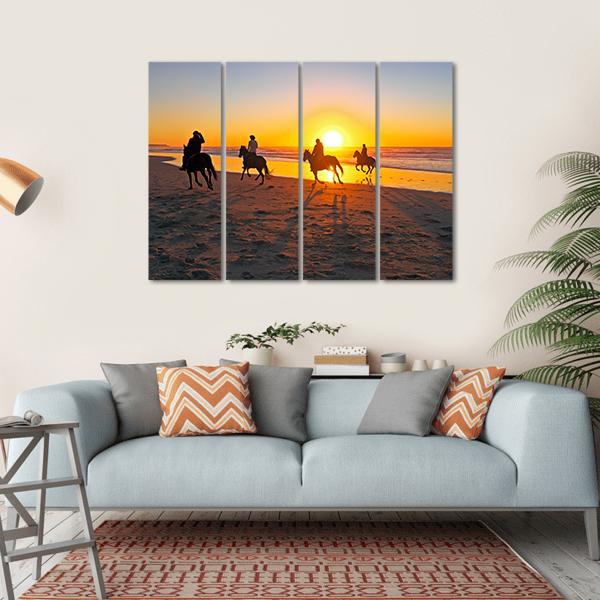Horse Riding On Beach At Sunset Canvas Wall Art-4 Horizontal-Gallery Wrap-34" x 24"-Tiaracle
