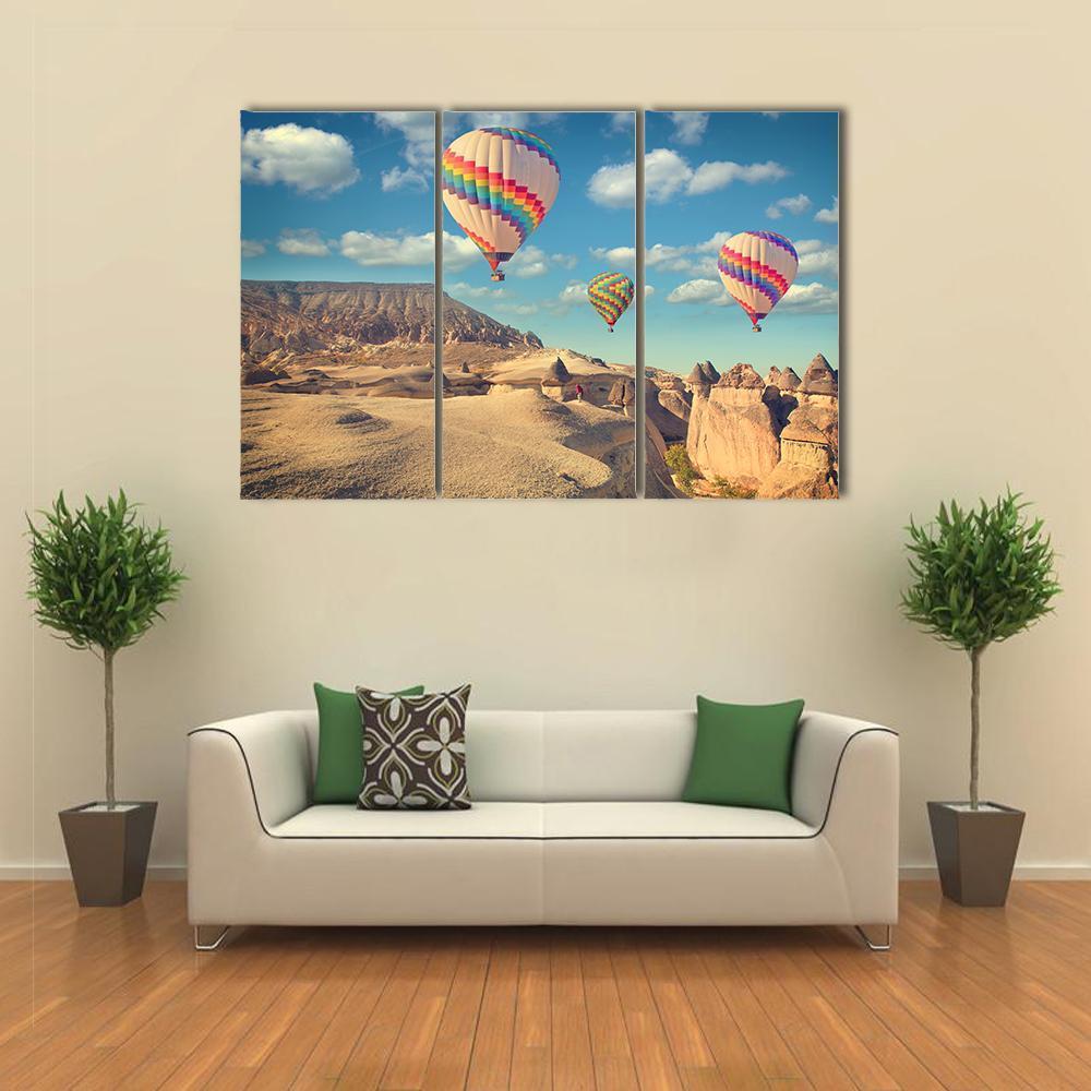 Hot Air Balloon Flying In Cappadocia Canvas Wall Art-3 Horizontal-Gallery Wrap-37" x 24"-Tiaracle