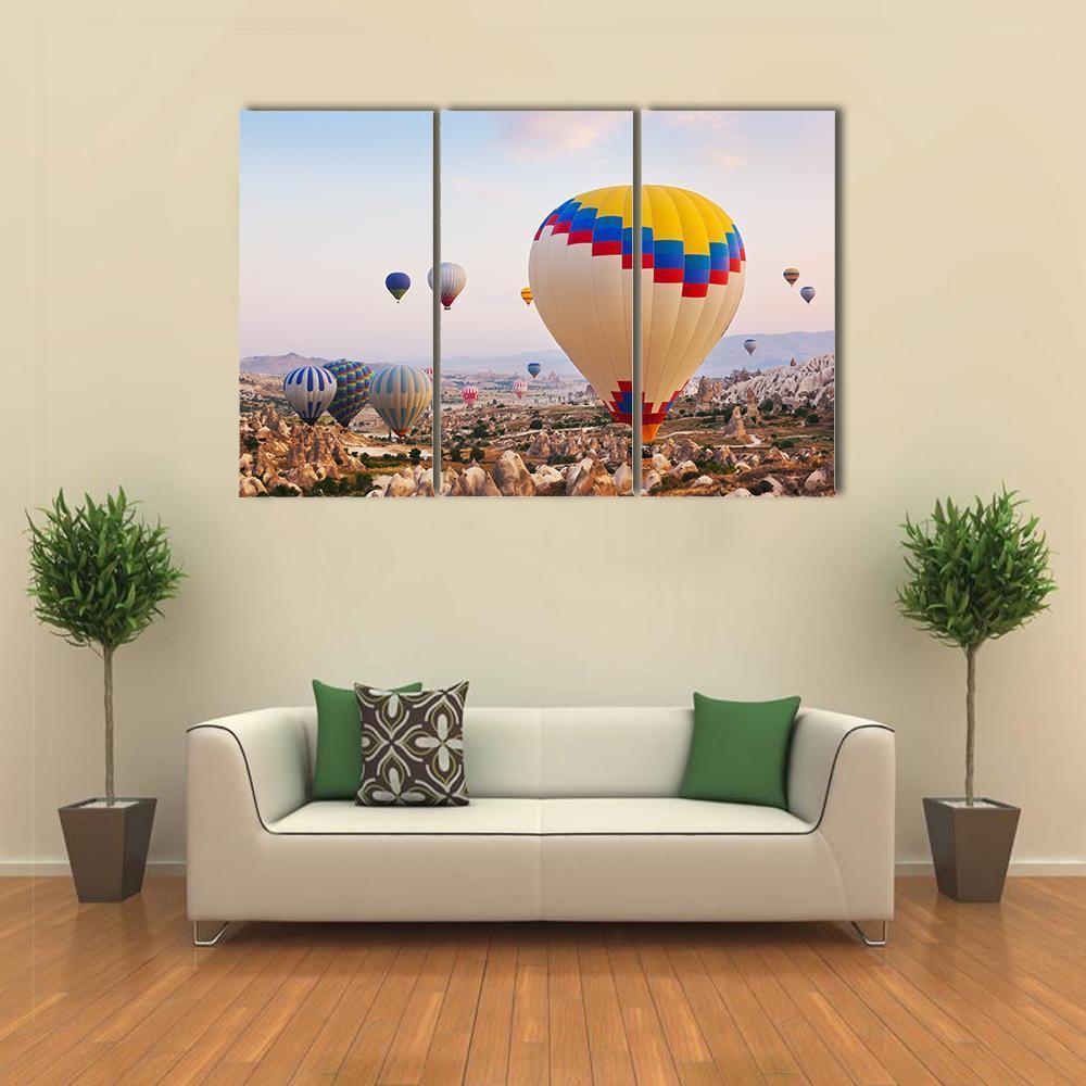 Hot Air Balloons Flying Over Cappadocia Canvas Wall Art-3 Horizontal-Gallery Wrap-37" x 24"-Tiaracle