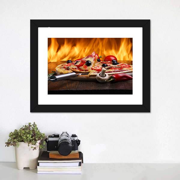 Hot Pizza With Oven Fire Canvas Wall Art-1 Piece-Framed Print-20" x 16"-Tiaracle