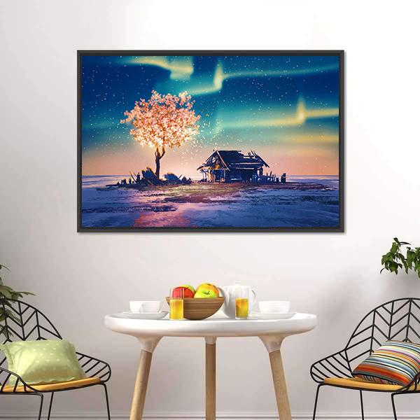 House And Tree Lights Under Northern Lights Canvas Wall Art-3 Horizontal-Gallery Wrap-25" x 16"-Tiaracle
