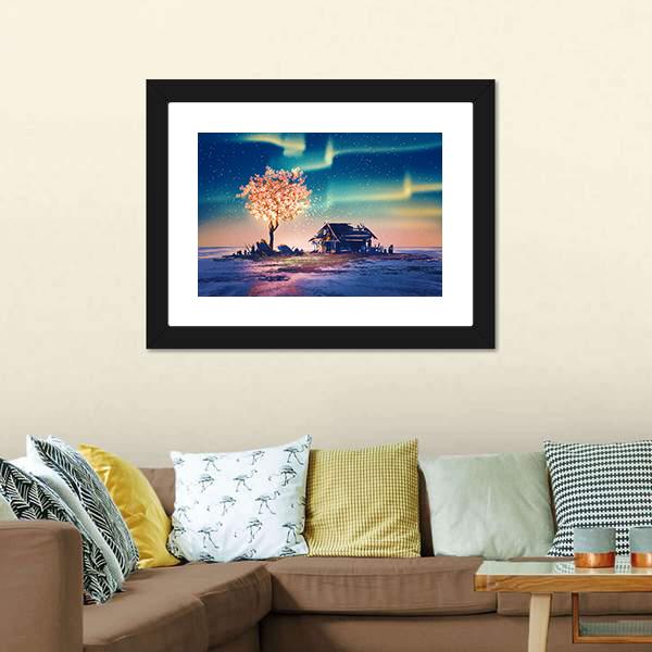 House And Tree Lights Under Northern Lights Canvas Wall Art-5 Horizontal-Gallery Wrap-22" x 12"-Tiaracle