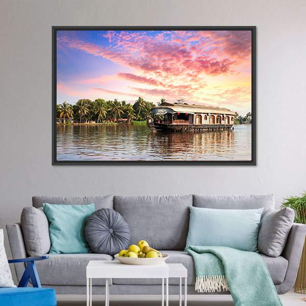 House Boat In Kerala Canvas Wall Art-3 Horizontal-Gallery Wrap-25" x 16"-Tiaracle