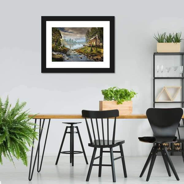 House In Forest With Stream Canvas Wall Art-5 Horizontal-Gallery Wrap-22" x 12"-Tiaracle