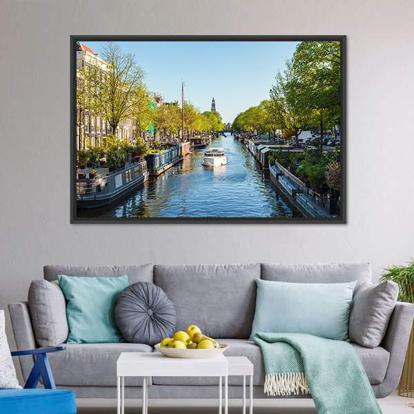 Houseboat On Dutch Canal Canvas Wall Art-1 Piece-Floating Frame-24" x 16"-Tiaracle