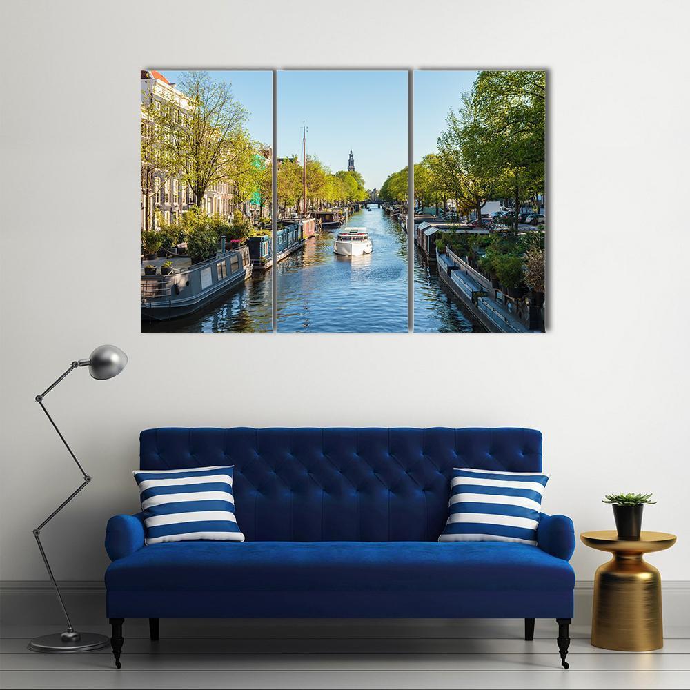 Houseboat On Dutch Canal Canvas Wall Art-3 Horizontal-Gallery Wrap-37" x 24"-Tiaracle