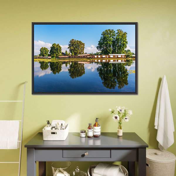 Houseboats In Jammu & Kashmir Canvas Wall Art-1 Piece-Floating Frame-24" x 16"-Tiaracle