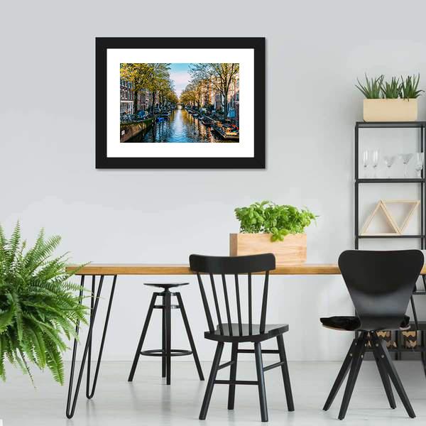 Houseboats On Canal Amsterdam Canvas Wall Art-3 Horizontal-Gallery Wrap-25" x 16"-Tiaracle