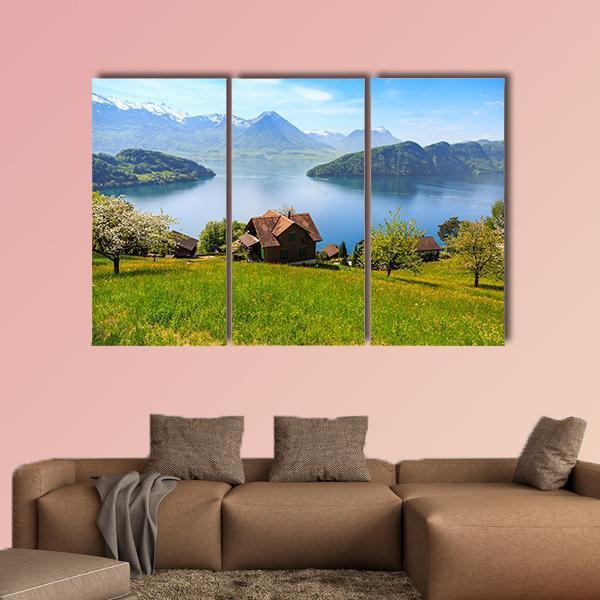 Houses On Mountain With Luzern Lake Canvas Wall Art-3 Horizontal-Gallery Wrap-25" x 16"-Tiaracle