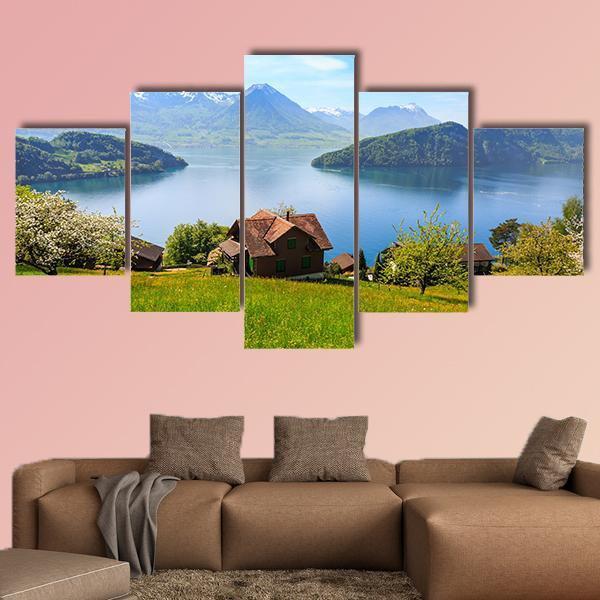 Houses On Mountain With Luzern Lake Canvas Wall Art-5 Star-Gallery Wrap-62" x 32"-Tiaracle