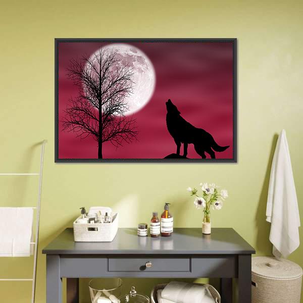 Howling Wolf At Moon Canvas Wall Art-1 Piece-Floating Frame-24" x 16"-Tiaracle