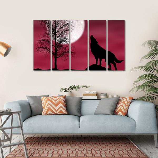 Howling Wolf At Moon Canvas Wall Art-5 Horizontal-Gallery Wrap-22" x 12"-Tiaracle