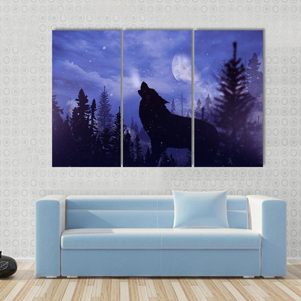 Howling Wolf In Forest Canvas Wall Art-3 Horizontal-Gallery Wrap-37" x 24"-Tiaracle