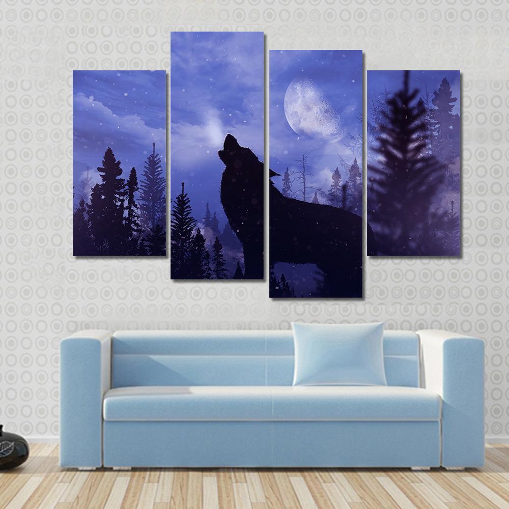 Howling Wolf In Forest Canvas Wall Art-4 Pop-Gallery Wrap-50" x 32"-Tiaracle