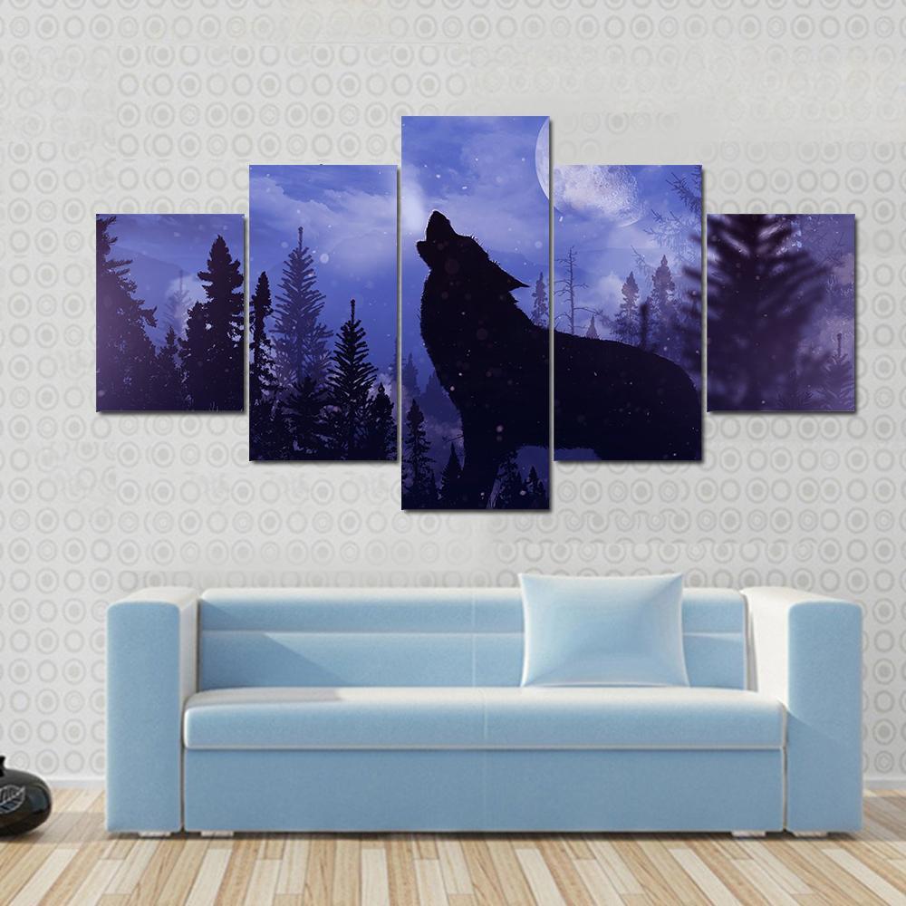 Howling Wolf In Forest Canvas Wall Art-5 Star-Gallery Wrap-62" x 32"-Tiaracle