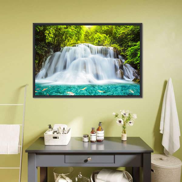 Huai Mae Kamin Waterfall In Kanchanaburi Canvas Wall Art-1 Piece-Floating Frame-24" x 16"-Tiaracle