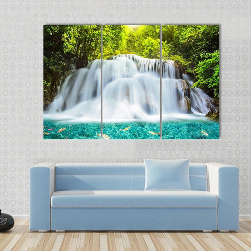 Huai Mae Kamin Waterfall In Kanchanaburi Canvas Wall Art-3 Horizontal-Gallery Wrap-37" x 24"-Tiaracle