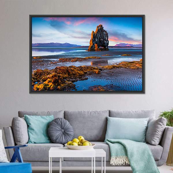Huge Basalt Stack Hvitserkur Canvas Wall Art-5 Horizontal-Gallery Wrap-22" x 12"-Tiaracle