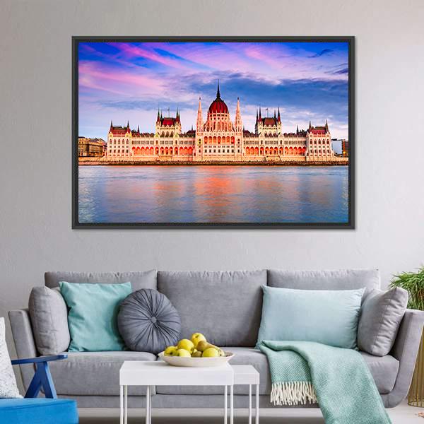 Hungarian Parliament & Danube River Canvas Wall Art-3 Horizontal-Gallery Wrap-25" x 16"-Tiaracle
