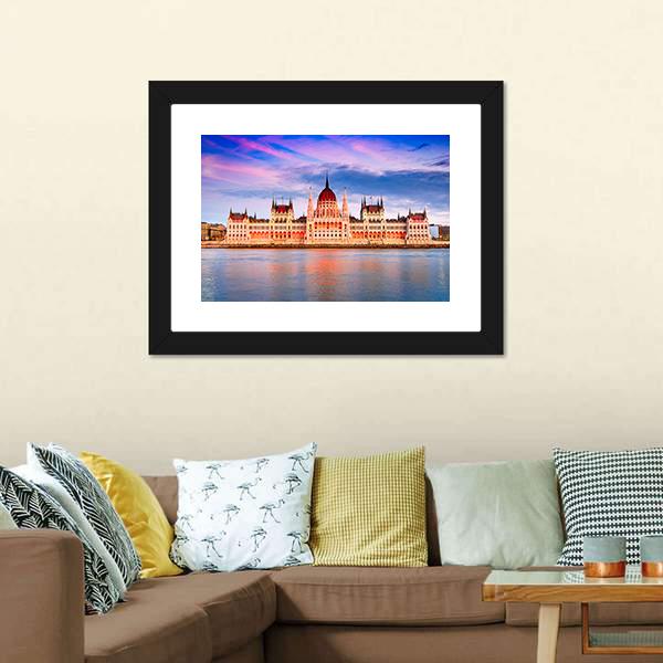 Hungarian Parliament & Danube River Canvas Wall Art-3 Horizontal-Gallery Wrap-25" x 16"-Tiaracle