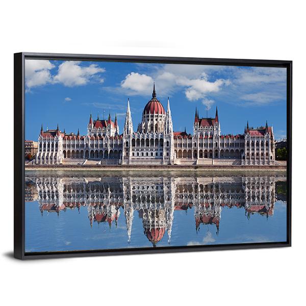 Hungarian Parliament With Reflection In Danube River Canvas Wall Art-3 Horizontal-Gallery Wrap-25" x 16"-Tiaracle