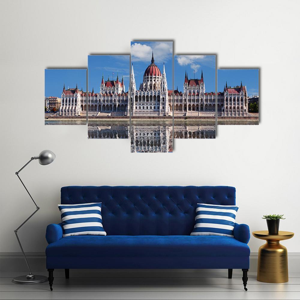 Hungarian Parliament With Reflection In Danube River Canvas Wall Art-5 Star-Gallery Wrap-62" x 32"-Tiaracle