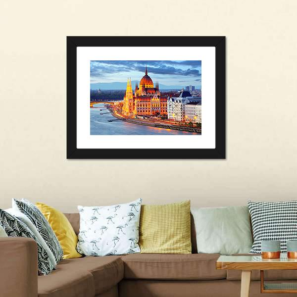 Hungary Parliament At Evening Canvas Wall Art-3 Horizontal-Gallery Wrap-25" x 16"-Tiaracle