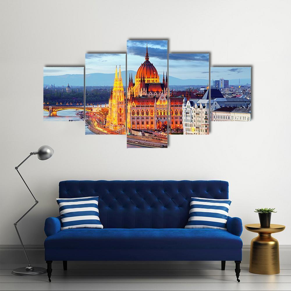Hungary Parliament At Evening Canvas Wall Art-5 Star-Gallery Wrap-62" x 32"-Tiaracle