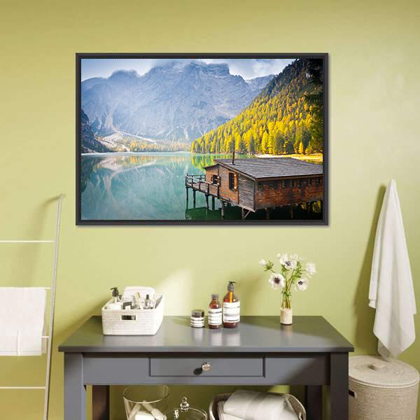 Hut On Braies Lake Canvas Wall Art-1 Piece-Floating Frame-24" x 16"-Tiaracle