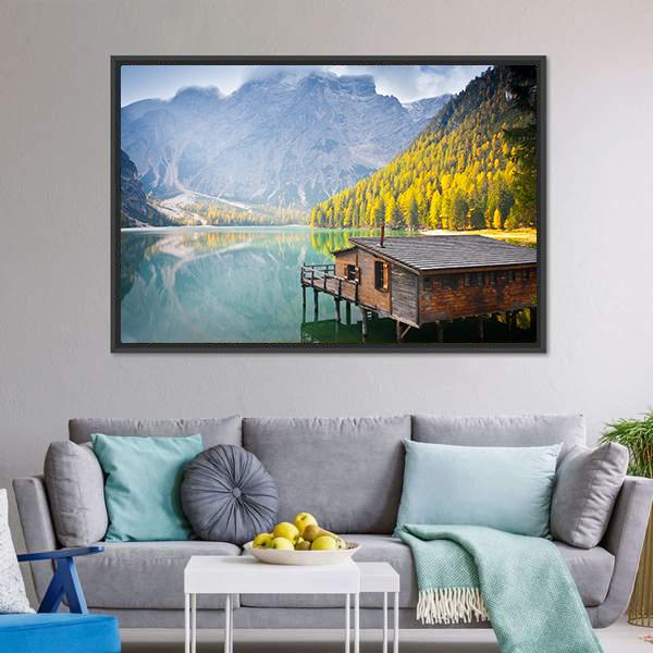 Hut On Braies Lake Canvas Wall Art-3 Horizontal-Gallery Wrap-25" x 16"-Tiaracle