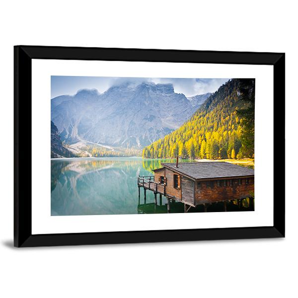 Hut On Braies Lake Canvas Wall Art-3 Horizontal-Gallery Wrap-25" x 16"-Tiaracle