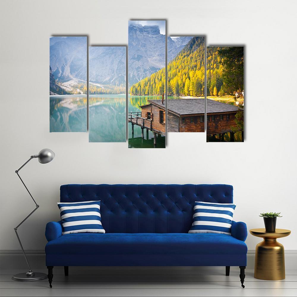 Hut On Braies Lake Canvas Wall Art-5 Pop-Gallery Wrap-47" x 32"-Tiaracle
