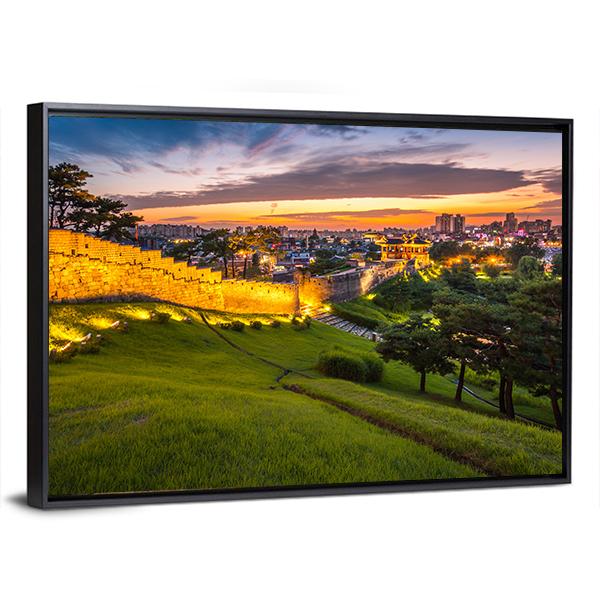 Hwaseong Fortress At Sunset Canvas Wall Art-3 Horizontal-Gallery Wrap-25" x 16"-Tiaracle