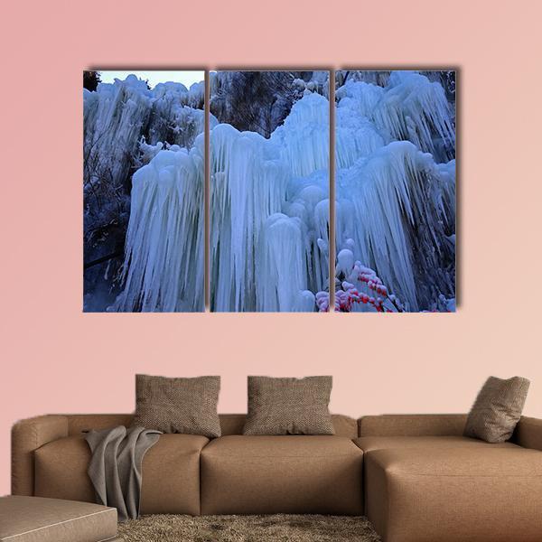 Ice waterfall In Winter Canvas Wall Art-3 Horizontal-Gallery Wrap-37" x 24"-Tiaracle