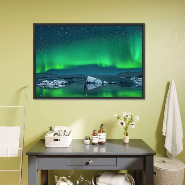 Icebergs Under Northern Lights Canvas Wall Art-3 Horizontal-Gallery Wrap-25" x 16"-Tiaracle