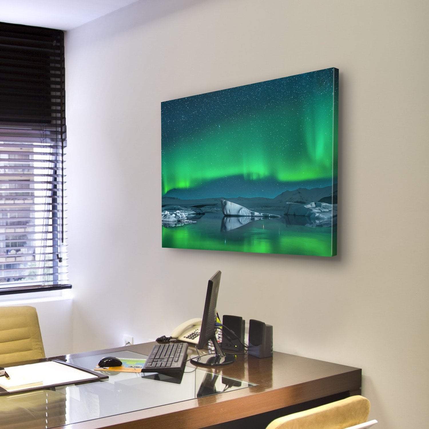 Icebergs Under Northern Lights Canvas Wall Art-3 Horizontal-Gallery Wrap-25" x 16"-Tiaracle