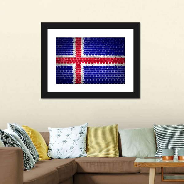 Iceland Flag On Brick Wall Canvas Wall Art-3 Horizontal-Gallery Wrap-25" x 16"-Tiaracle