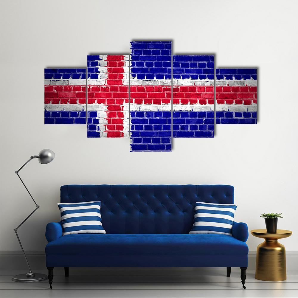 Iceland Flag On Brick Wall Canvas Wall Art-5 Star-Gallery Wrap-62" x 32"-Tiaracle