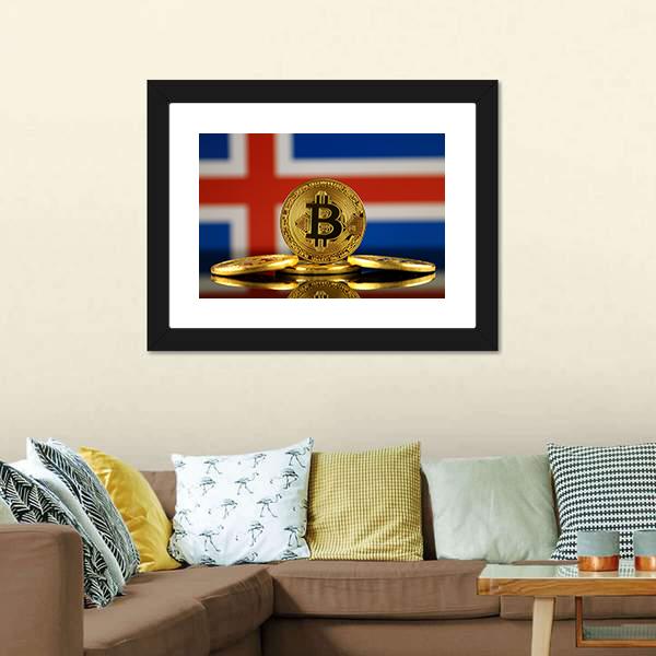 Iceland Flag With Bitcoins Canvas Wall Art-3 Horizontal-Gallery Wrap-25" x 16"-Tiaracle