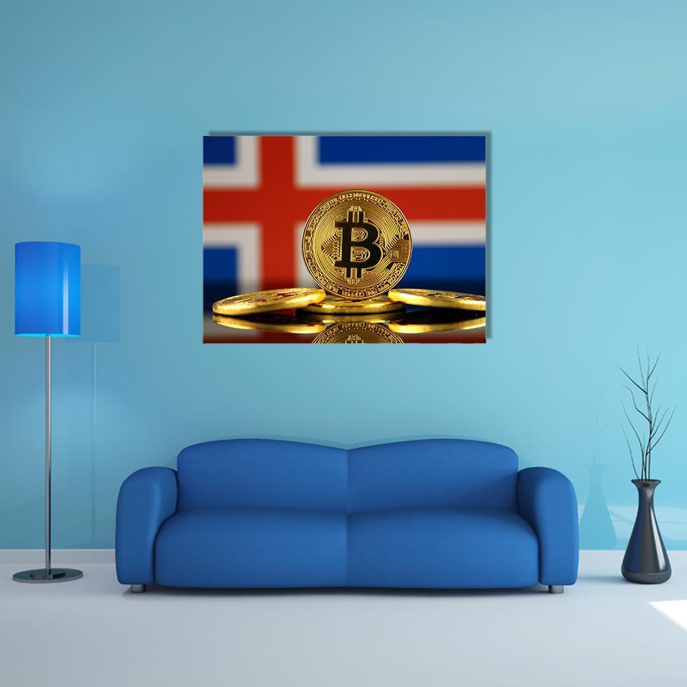 Iceland Flag With Bitcoins Canvas Wall Art-1 Piece-Gallery Wrap-48" x 32"-Tiaracle